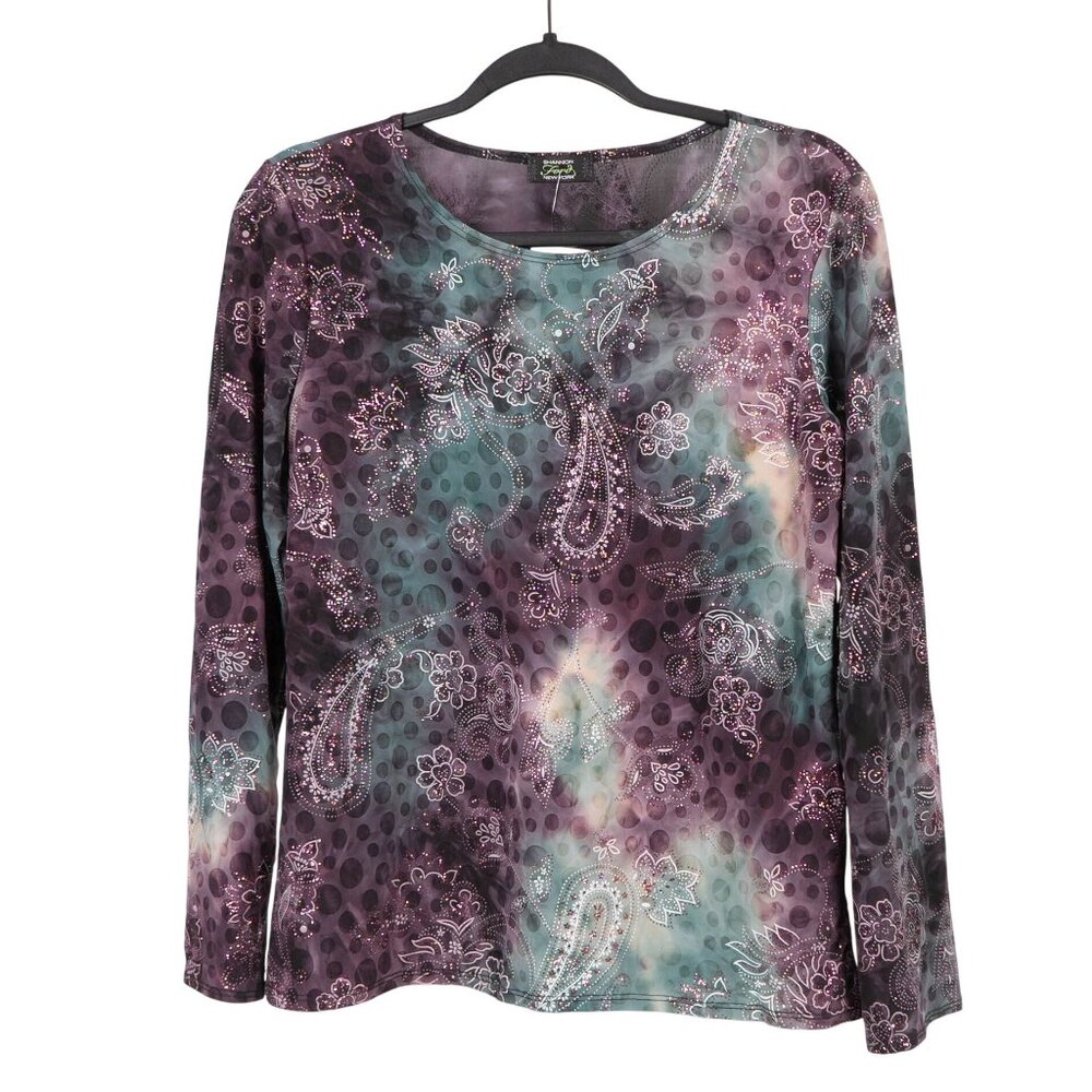 Y2K Hippie Shirt L Paisley Glitter Purple Green Dots Stretch Boho Indie Floral
